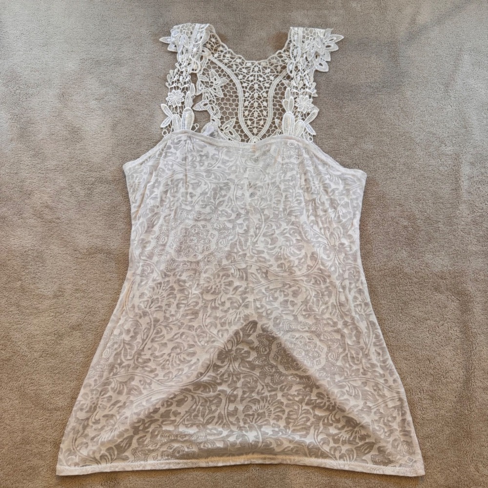 Boho‎ Y2k Floral Burnout Crochet Lace Racerback Split Back Tank Top White Sz S